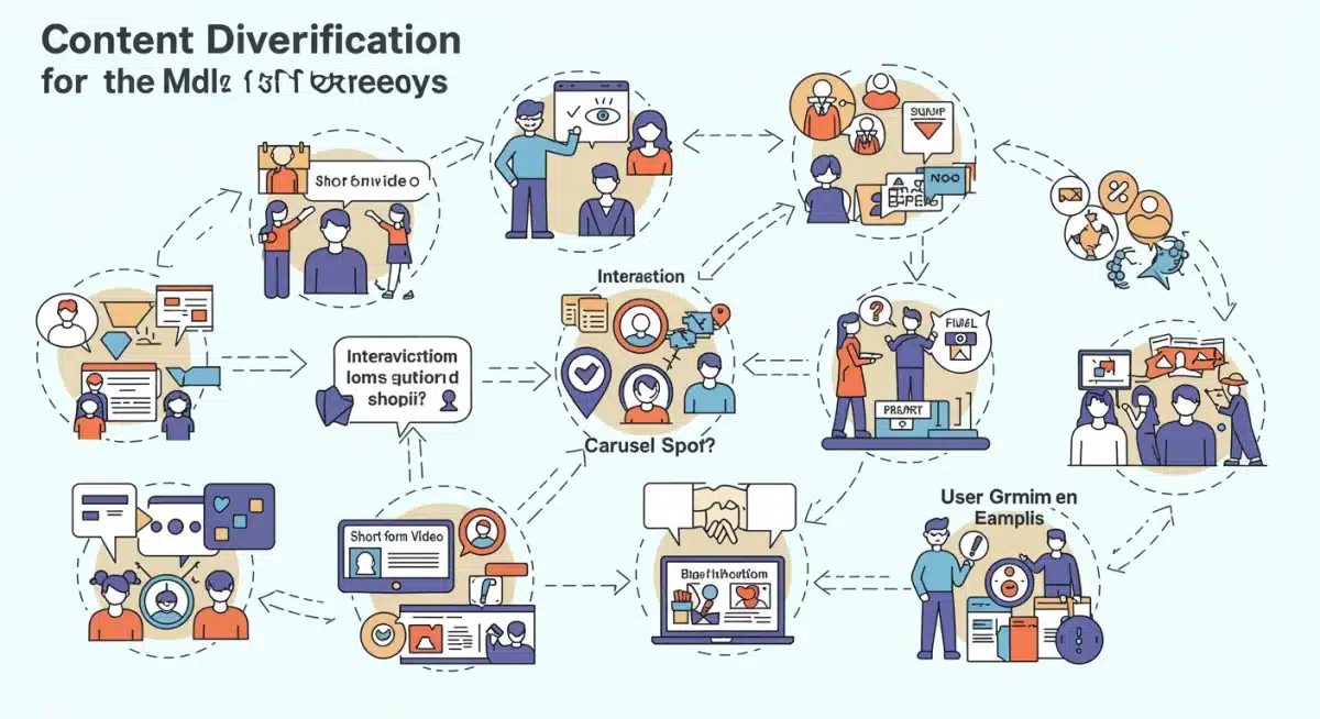 Infographic showing diverse content formats for social media ads, including video, interactive polls, and user-generated content, to combat ad fatigue.
