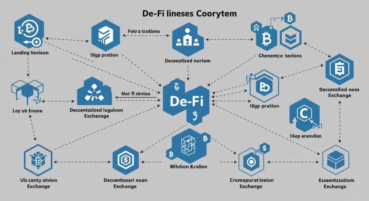 Interconnected De-Fi protocols showing lending, borrowing, and DEX services on a blockchain network.