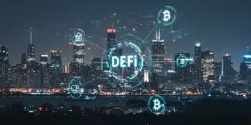 Futuristic digital cityscape with De-Fi symbols and blockchain networks representing decentralized finance growth for U.S. investors.