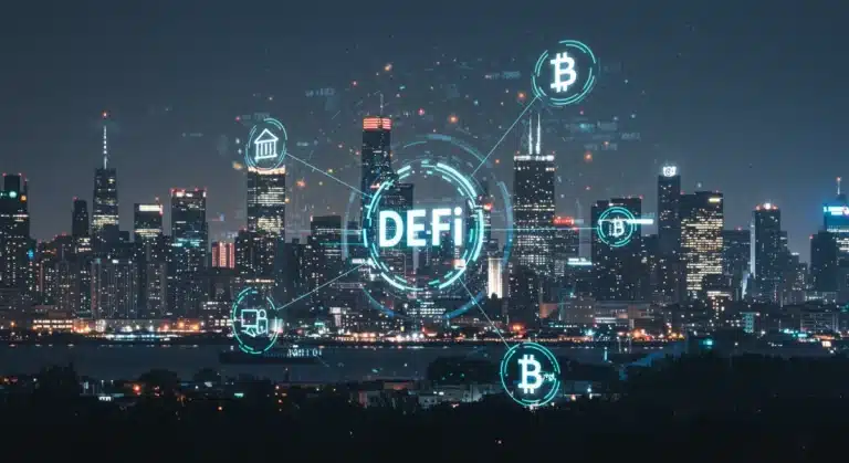 Futuristic digital cityscape with De-Fi symbols and blockchain networks representing decentralized finance growth for U.S. investors.