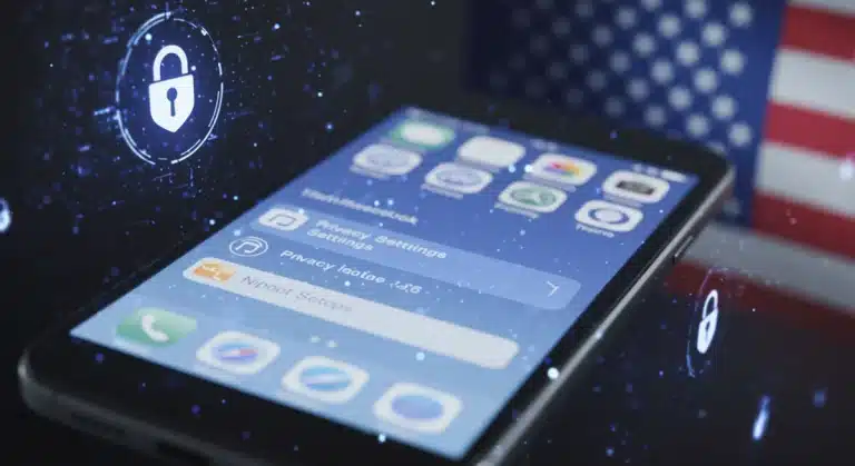 Facebook privacy settings menu on a smartphone screen with digital security graphics