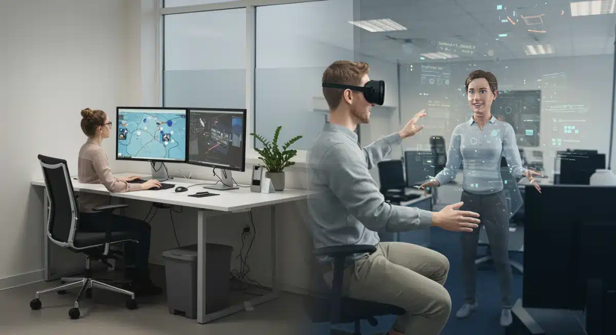 Blending physical and virtual work environments in the metaverse for training.
