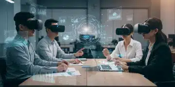Professionals collaborating in a futuristic metaverse workplace with VR headsets and holographic displays.