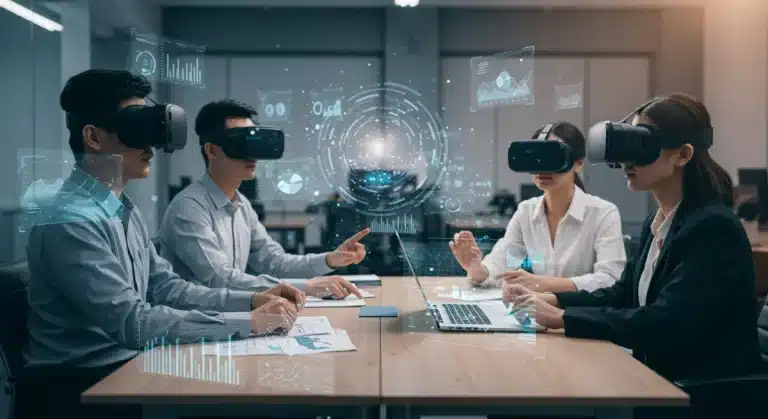 Professionals collaborating in a futuristic metaverse workplace with VR headsets and holographic displays.
