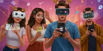 Youth engaging with Snapchat AR filters, showcasing branded digital overlays and interactive elements in an urban setting.