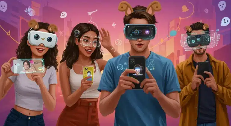Youth engaging with Snapchat AR filters, showcasing branded digital overlays and interactive elements in an urban setting.