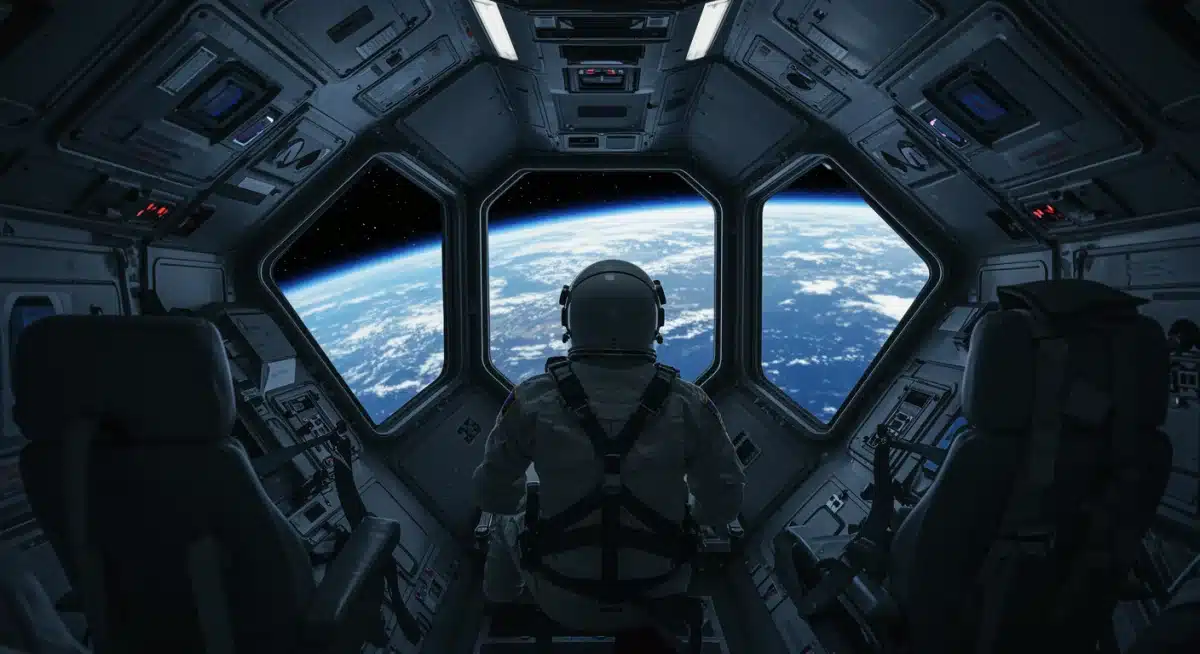 Astronauts observing Earth from a commercial space tourism flight cabin, highlighting the passenger experience.