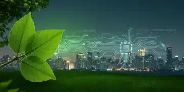 Illustration of green leaves merging with circuit board, symbolizing sustainable tech