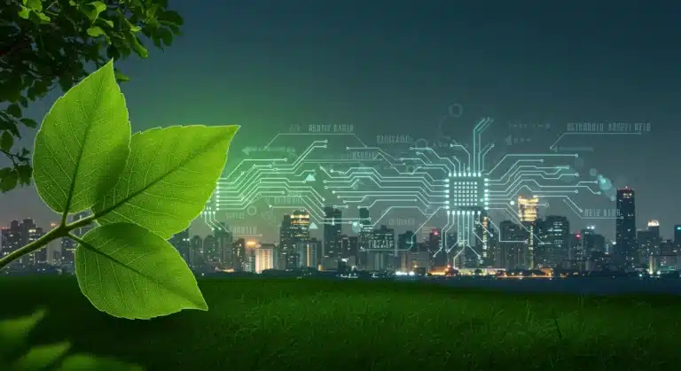 Illustration of green leaves merging with circuit board, symbolizing sustainable tech