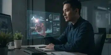 US marketer analyzing social media ad performance data on a holographic screen, focusing on strategies to combat ad fatigue and boost CTR.