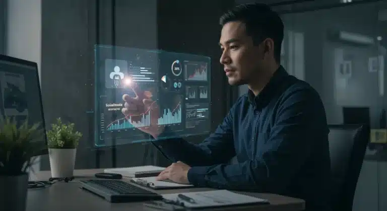 US marketer analyzing social media ad performance data on a holographic screen, focusing on strategies to combat ad fatigue and boost CTR.
