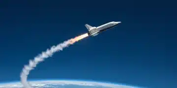 Futuristic U.S. commercial spacecraft launching into orbit, symbolizing the next frontier in space tourism.