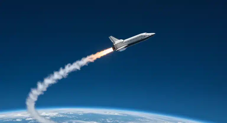 Futuristic U.S. commercial spacecraft launching into orbit, symbolizing the next frontier in space tourism.