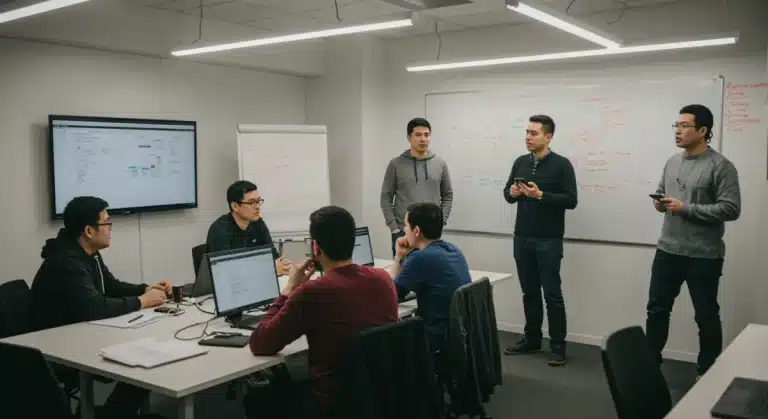 Diverse tech team collaborating on project, showcasing strong communication and teamwork.