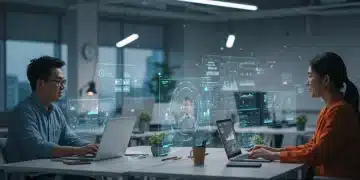 Futuristic remote team collaborating with advanced digital tools