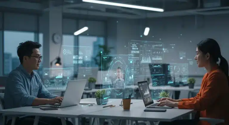 Futuristic remote team collaborating with advanced digital tools