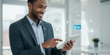 US professional engaging with LinkedIn on a tablet, showcasing 2025 content strategy for growth