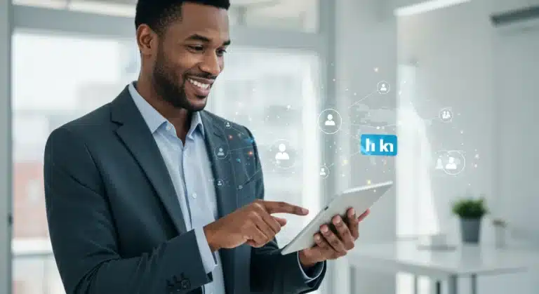 US professional engaging with LinkedIn on a tablet, showcasing 2025 content strategy for growth