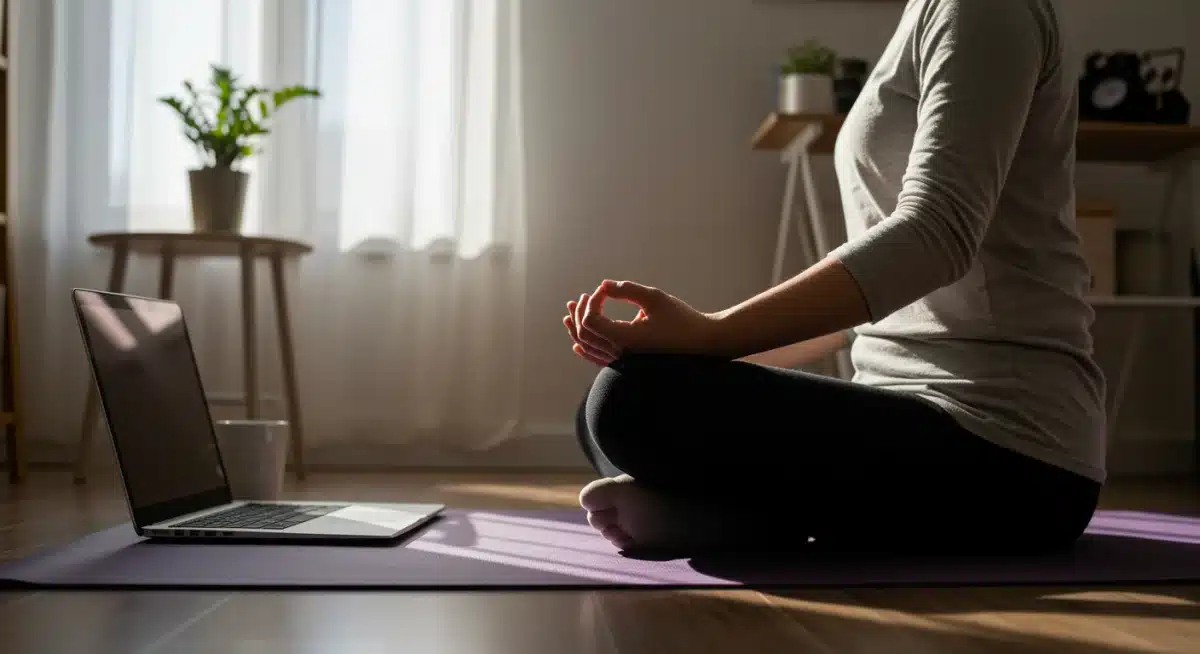 Tech professional practicing mindfulness for digital detox in a home office