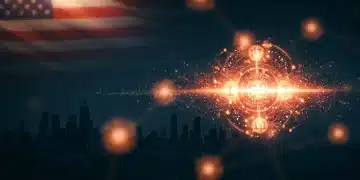 Futuristic quantum computing illustration with glowing qubits and American innovation themes.