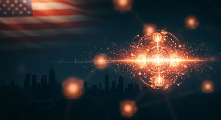 Futuristic quantum computing illustration with glowing qubits and American innovation themes.