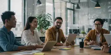 US tech professionals collaborating with balanced digital tools, promoting wellbeing