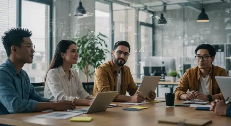 US tech professionals collaborating with balanced digital tools, promoting wellbeing