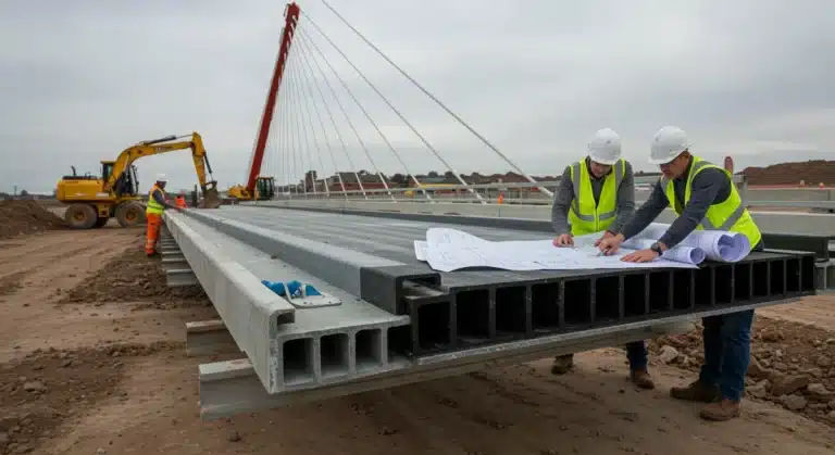 Engineers inspecting advanced composite bridge construction
