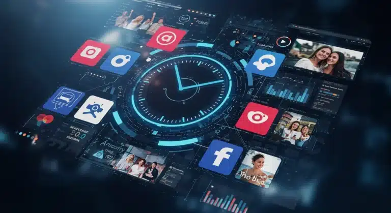 AI content creation interface for social media, showing time savings