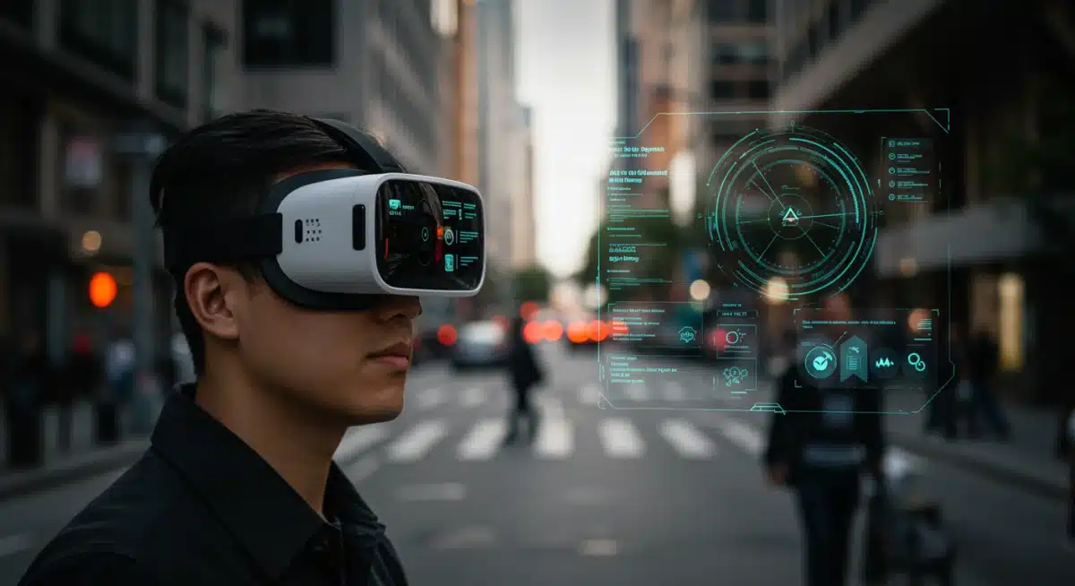 User experiencing augmented reality overlaying digital information onto a real-world city street view.