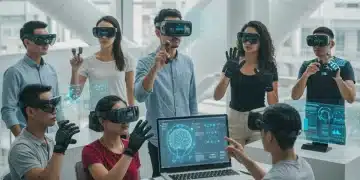 People engaging with advanced immersive technologies, including AR/VR, haptics, and BCI, in a futuristic setting.