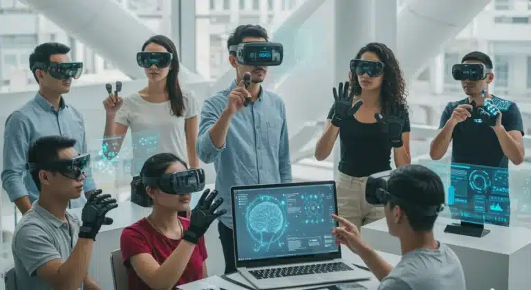 People engaging with advanced immersive technologies, including AR/VR, haptics, and BCI, in a futuristic setting.