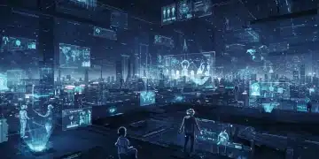 Futuristic digital city with metaverse elements and interacting avatars