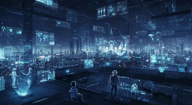 Futuristic digital city with metaverse elements and interacting avatars