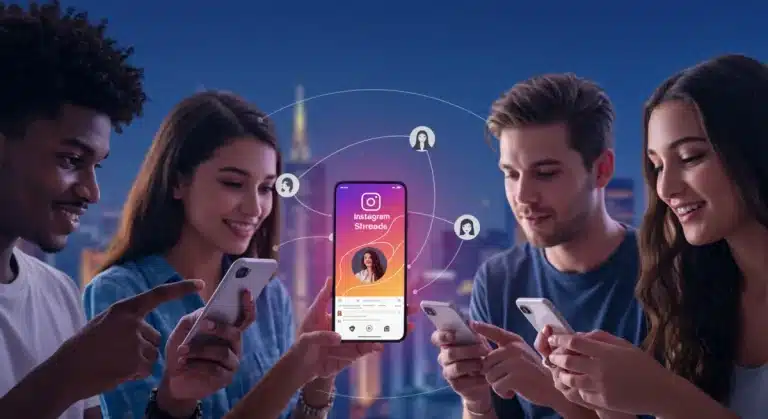 People engaging with Instagram Threads on their smartphones, showing community and growth.