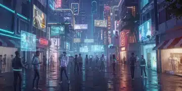 Futuristic metaverse city with active avatars and virtual businesses, symbolizing economic growth.