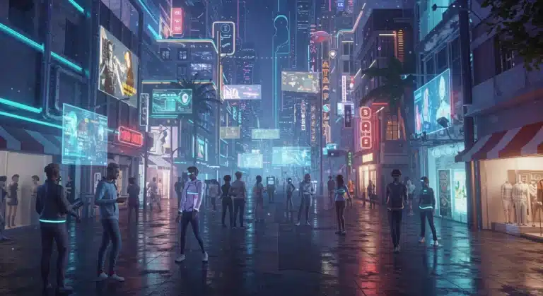Futuristic metaverse city with active avatars and virtual businesses, symbolizing economic growth.