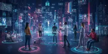 Diverse US adults engaging in a futuristic metaverse, showcasing cultural shifts and digital integration.
