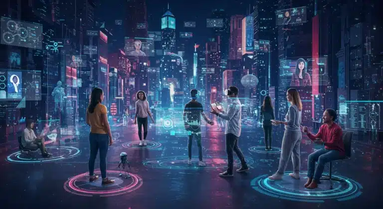 Diverse US adults engaging in a futuristic metaverse, showcasing cultural shifts and digital integration.