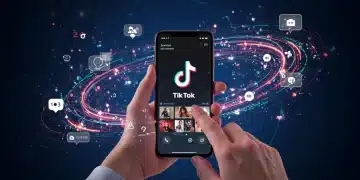 Close-up of a hand scrolling through TikTok on a smartphone, surrounded by futuristic digital lines and symbols, representing dynamic algorithm changes and user engagement.
