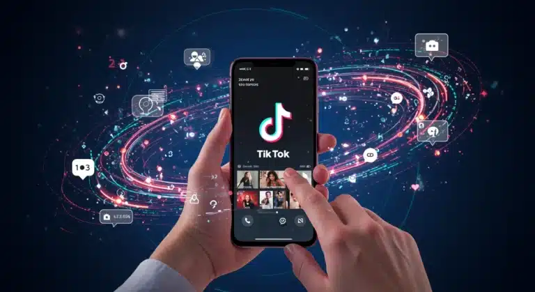 Close-up of a hand scrolling through TikTok on a smartphone, surrounded by futuristic digital lines and symbols, representing dynamic algorithm changes and user engagement.