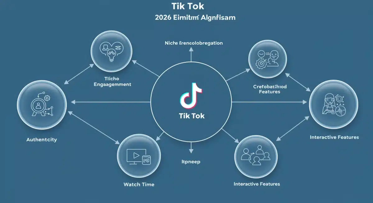 Infographic detailing the interconnected factors of the 2026 TikTok algorithm, including authenticity, watch time, niche engagement, and creator collaboration.