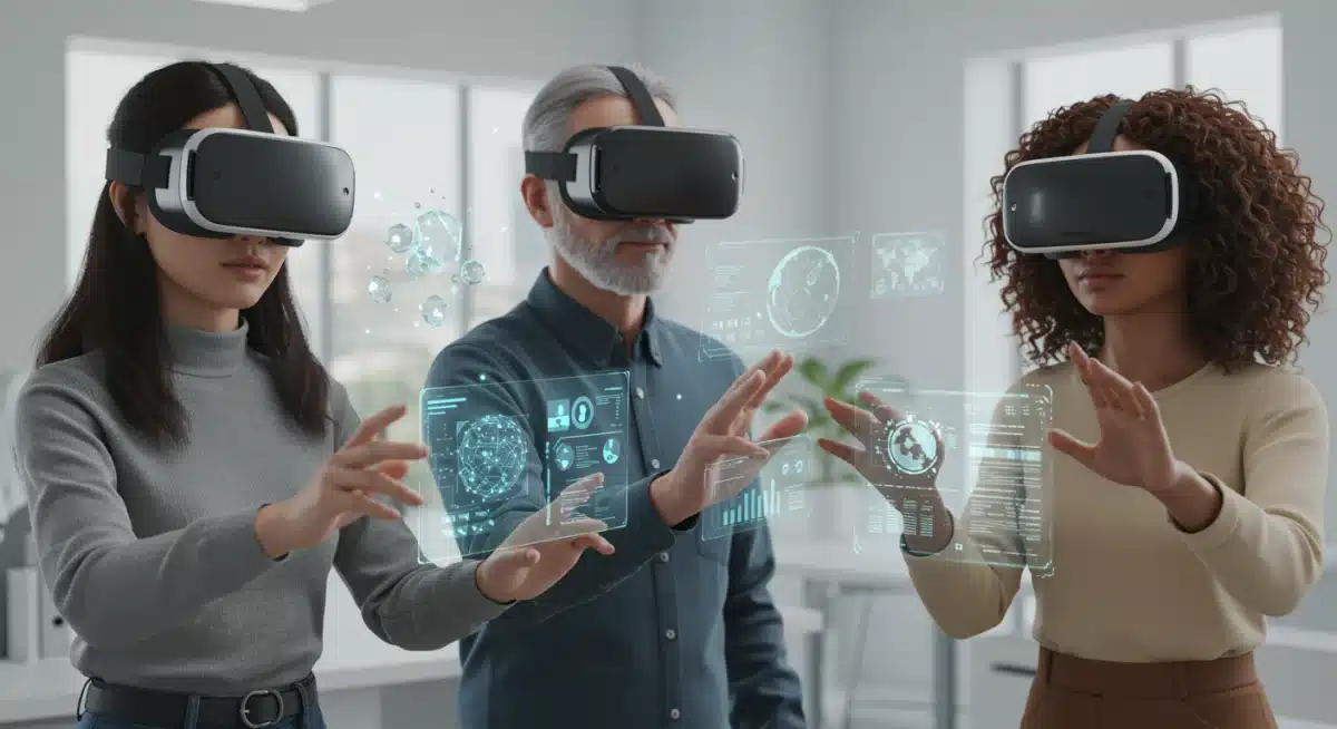 People collaborating in a virtual reality workspace with headsets
