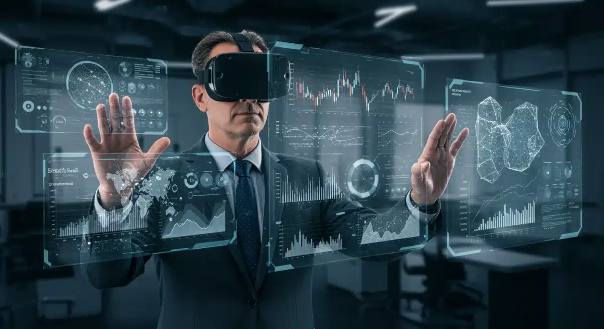 Professional analyzing metaverse investment data with a VR headset.