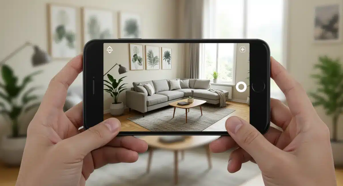 Person using augmented reality on a smartphone to visualize furniture in a living room.