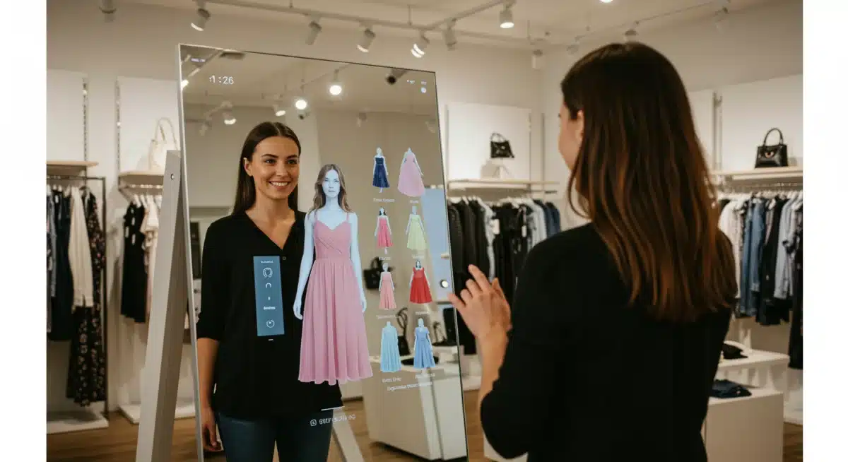Customer virtually trying on clothes using an AR smart mirror in a retail store.