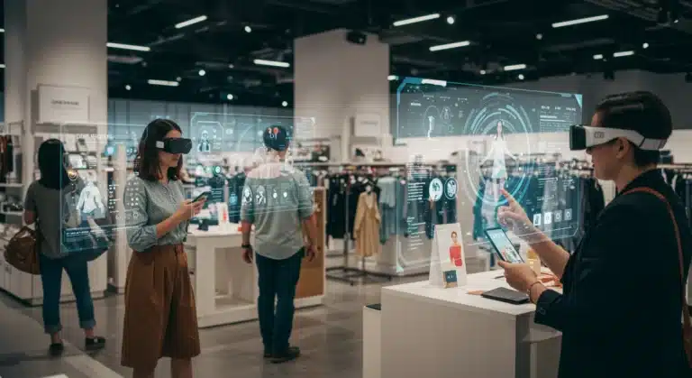 Shoppers using augmented reality in a modern retail store, interacting with products and digital overlays.