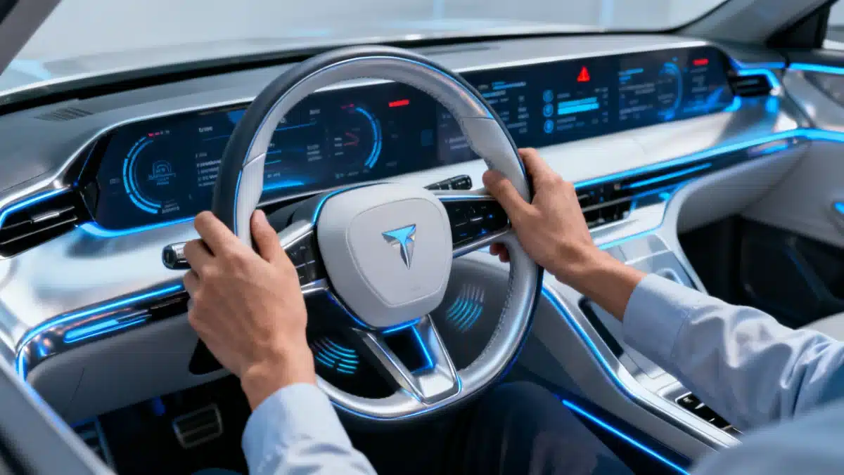 Futuristic car steering wheel with integrated haptic feedback for enhanced driving experience.