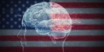 Futuristic brain connected to AI circuitry, illustrating bio-integrated AI development in the U.S.