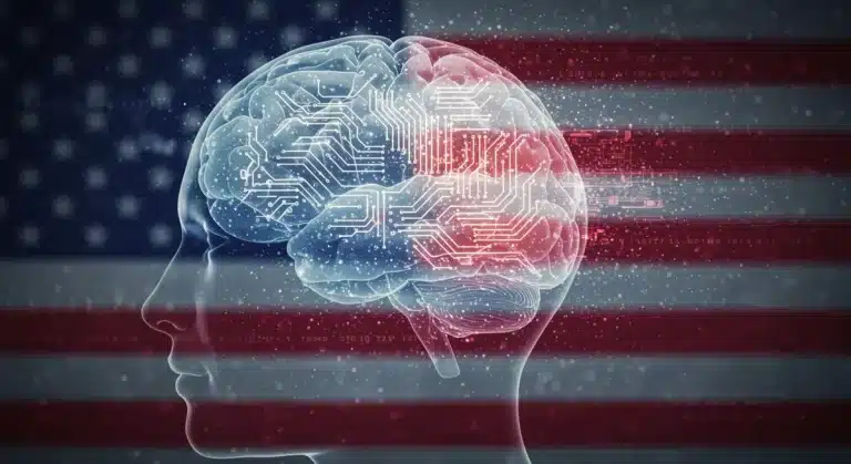 Futuristic brain connected to AI circuitry, illustrating bio-integrated AI development in the U.S.